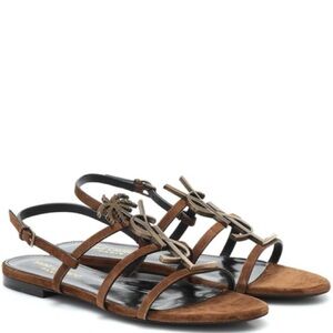 New Saint Laurent Cassandra Suede YSL logo Sandals Brown Sandals